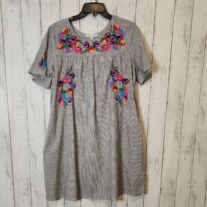 See and Be Seen Cotton Striped Dress with Floral Embroidery Oversized Small